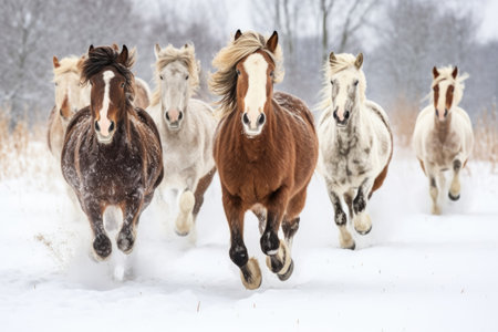a group of horses playfully running in a snowy fieldの素材