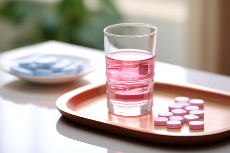 denture cleaning tablets in their packaging next to a glass of waterの素材