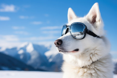 siberian husky in winter scenery, wearing ski goggles instead of sunglassesの素材