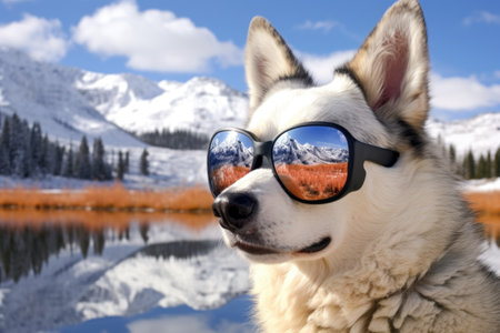 a husky wearing mirrored sunglasses amidst a snowy landscapeの素材