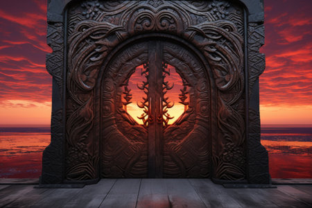 a door with intricate carvings against a backdrop of a sunsetの素材