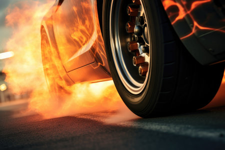detailed shot of a drag racing cars rear tires, smoke billowingの素材