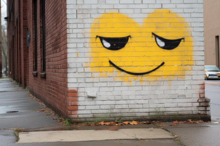 winking emoji painted on a brick wall in an urban streetの素材