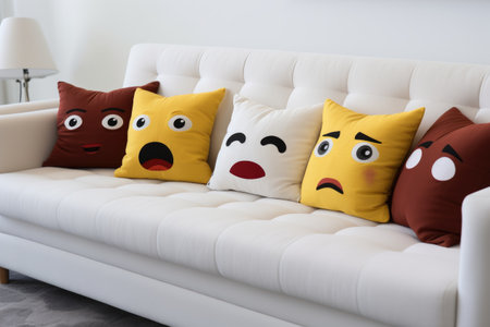 emoji cushions arrayed on a minimalist white couchの素材