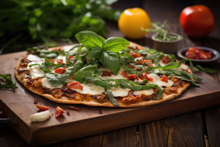 close-up of flatbread pizza on a rustic wooden table with fresh basil leavesの素材