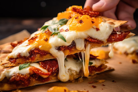 close-up of a slice of flatbread pizza being lifted, cheese stretchingの素材