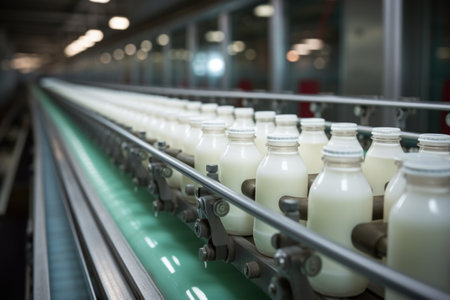a detailed shot of a conveyor belt transporting milk bottlesの素材