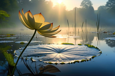 a lily pad with a frog and dew drops in the morning lightの素材