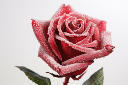 close-up of a red rose covered in sparkling frost against a white backgroundの素材