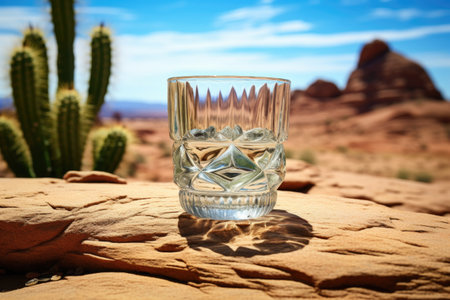 glass of water on a desert rock with a cactus in the backgroundの素材