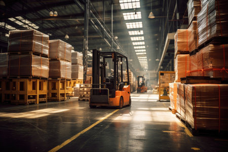 modern forklift moving crates inside a vast warehouseの素材