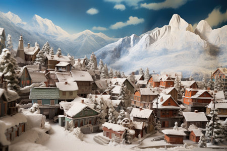 miniature view of a snow-covered mountain village with rooftopsの素材