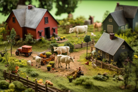 small-scale farm scene with tiny cattle and barnsの素材