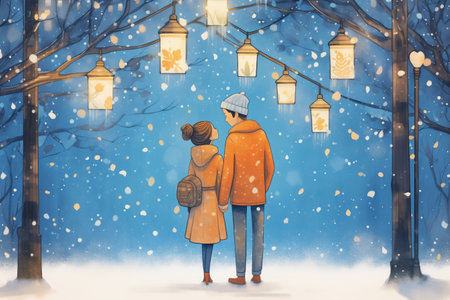 couple arm-in-arm, gazing at snowflakes by street lampsの素材