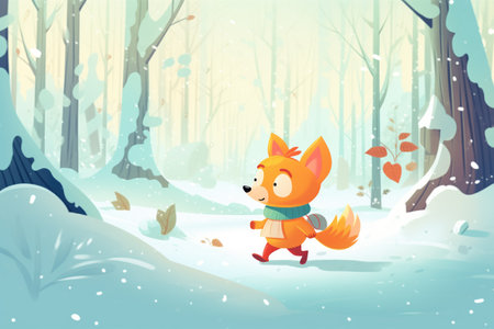 a cartoon fox walking through snowy woodsの素材