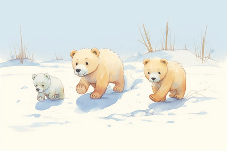 polar bear cubs following tracks in the snow left by their motherの素材