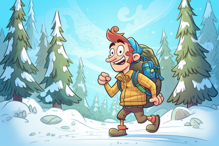 cartoon hiker with a backpack trudging through snow with pine trees in backgroundの素材