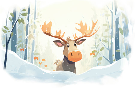moose peeking from behind snow-covered treesの素材