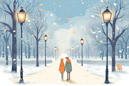 couple walking through a park with street lamps and snowの素材