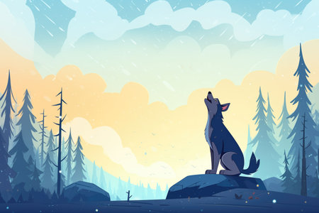 wolf howling at dusk, winter forest silhouettes behindの素材