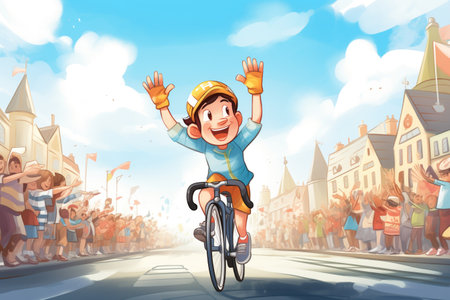 child cyclist waving to the crowd during the raceの素材