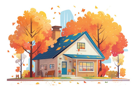 cape cod house with a side gable roof surrounded by autumn trees, magazine style illustrationの素材
