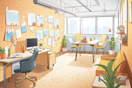 cork flooring and walls in modern office, magazine style illustrationの素材