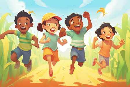 children jumping in joy upon finding an exit in the corn mazeの素材