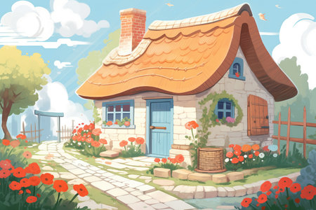 stone cottage, thatched roof, brick pathway leading to the door, magazine style illustrationの素材