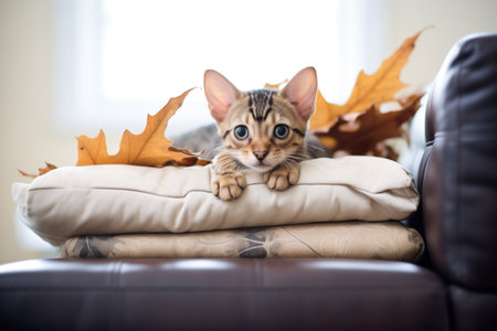bengal cat nestled in a pile of couch pillowsの素材