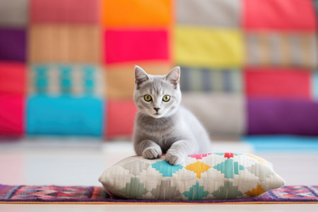chartreux kitten on a colorful geometric pillowの素材