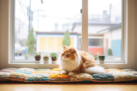 cat resting on a quilted mat in a bright windowの素材
