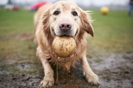 golden retriever with muddy paws and ballの素材