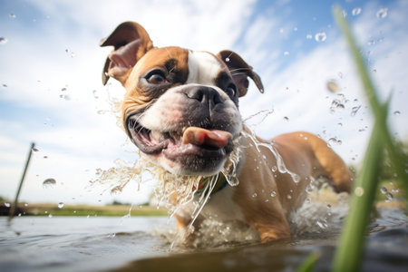 boxer dog shaking off water after fetchの素材