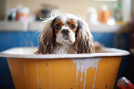 soapy spaniel in a sudsy tubの素材