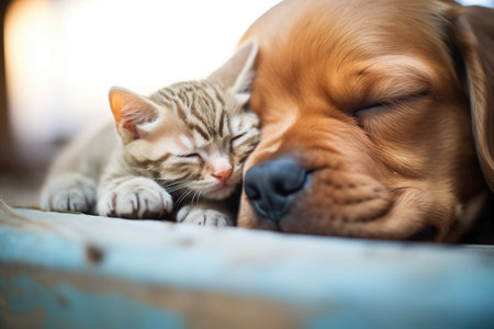 a close snuggle between a sleeping kitten and a protective puppyの素材