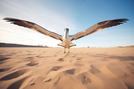 albatross with wingspan shadow on the sandの素材