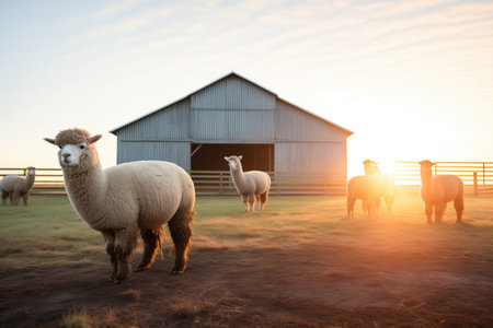 alpacas in front of barn at sunriseの素材