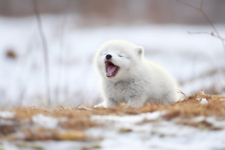 arctic fox yawn on frosty groundの素材