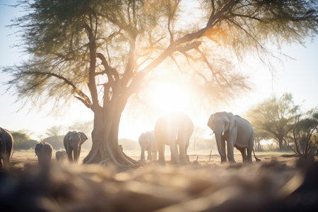 sunlight piercing through trees onto elephant herdの素材
