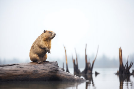 single beaver standing atop dam surveying areaの素材