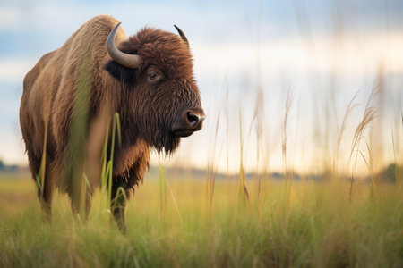 bison standing beside tall prairie grassesの素材