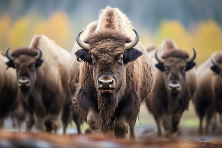 group of bison during rutting season interactionsの素材
