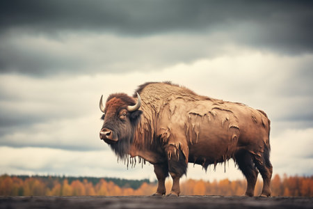 large bison standing alone against a stormy skyの素材