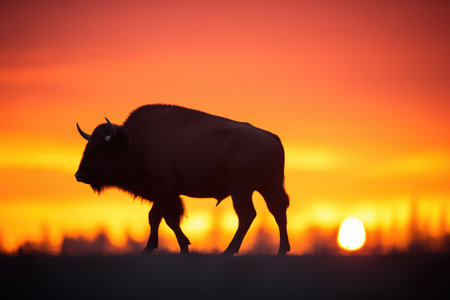 bison silhouette against a fiery sunset backdropの素材