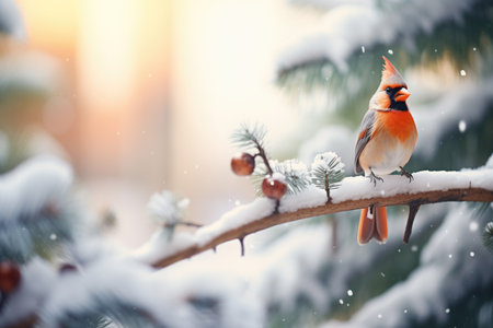 cardinal perched on snow-covered pine branchの素材