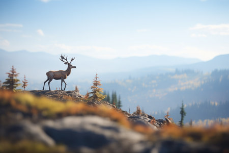 lone caribou standing on a ridge overlooking valleyの素材