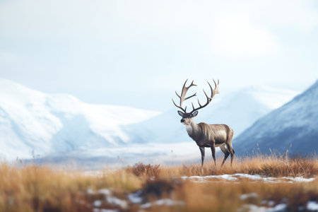 solitary caribou with snowy mountain backdropの素材
