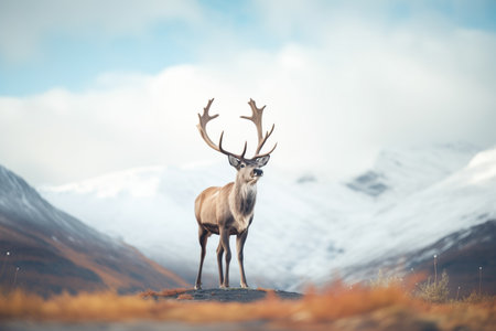 caribou standing against a backdrop of mountainsの素材