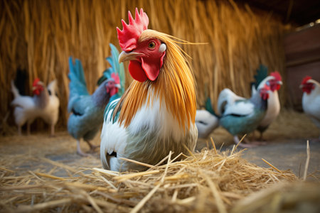 a rooster standing guard as hens peck in hayの素材